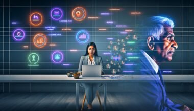 Futuristisches Büro mit Marketer an transparenten Bildschirmen, farbenfrohen Dashboards und Analysemetriken, im Kontrast zu einer verblassenden Silhouette eines Geschäftsmannes im Hintergrund.