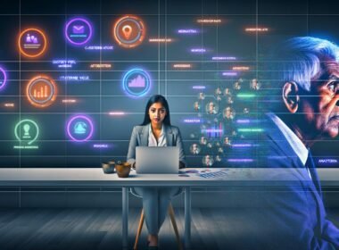 Futuristisches Büro mit Marketer an transparenten Bildschirmen, farbenfrohen Dashboards und Analysemetriken, im Kontrast zu einer verblassenden Silhouette eines Geschäftsmannes im Hintergrund.