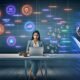 Futuristisches Büro mit Marketer an transparenten Bildschirmen, farbenfrohen Dashboards und Analysemetriken, im Kontrast zu einer verblassenden Silhouette eines Geschäftsmannes im Hintergrund.