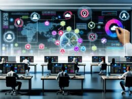 Futuristische Büroszene mit Mitarbeitenden, digitalen Bildschirmen voller Social-Media-Icons, Datenanalysen, und einer Person, die per Drag-and-drop Content-Bausteine in ein Dashboard zieht.