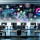 Futuristische Büroszene mit Mitarbeitenden, digitalen Bildschirmen voller Social-Media-Icons, Datenanalysen, und einer Person, die per Drag-and-drop Content-Bausteine in ein Dashboard zieht.