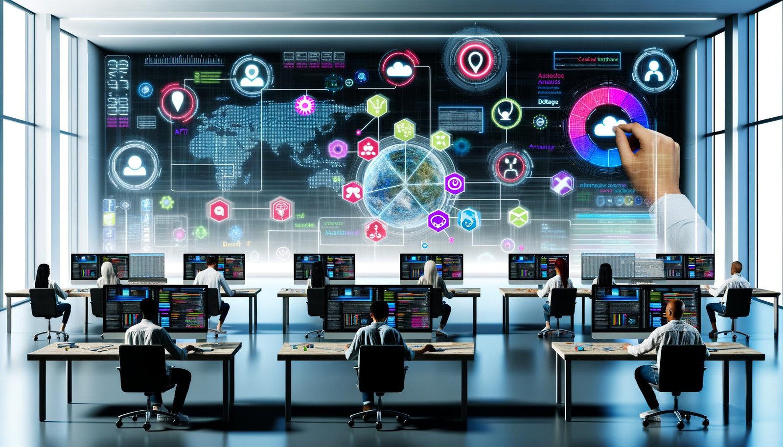 Futuristische Büroszene mit Mitarbeitenden, digitalen Bildschirmen voller Social-Media-Icons, Datenanalysen, und einer Person, die per Drag-and-drop Content-Bausteine in ein Dashboard zieht.