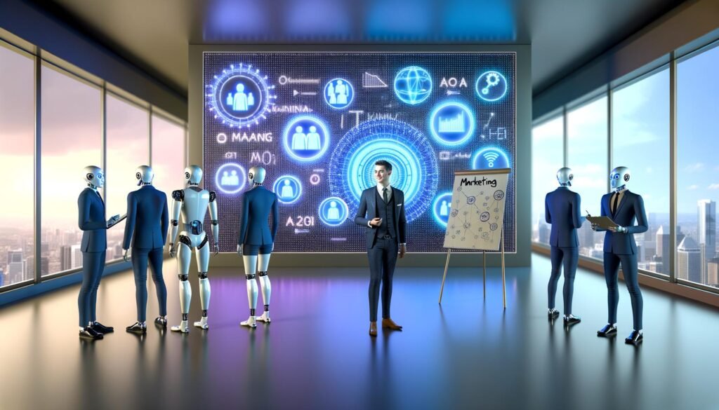 Futuristisches Büro mit Robotern am Touchscreen und nostalgischem Berater am Flipchart vor LED-Wand mit Marketing-Kennzahlen