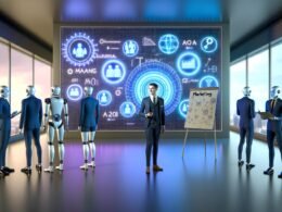 Futuristisches Büro mit Robotern am Touchscreen und nostalgischem Berater am Flipchart vor LED-Wand mit Marketing-Kennzahlen