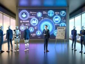 Futuristisches Büro mit Robotern am Touchscreen und nostalgischem Berater am Flipchart vor LED-Wand mit Marketing-Kennzahlen