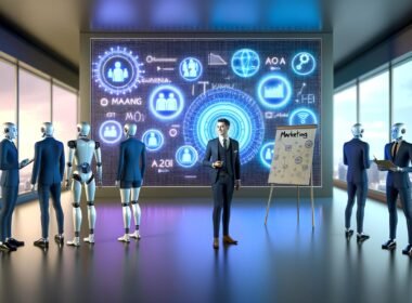 Futuristisches Büro mit Robotern am Touchscreen und nostalgischem Berater am Flipchart vor LED-Wand mit Marketing-Kennzahlen