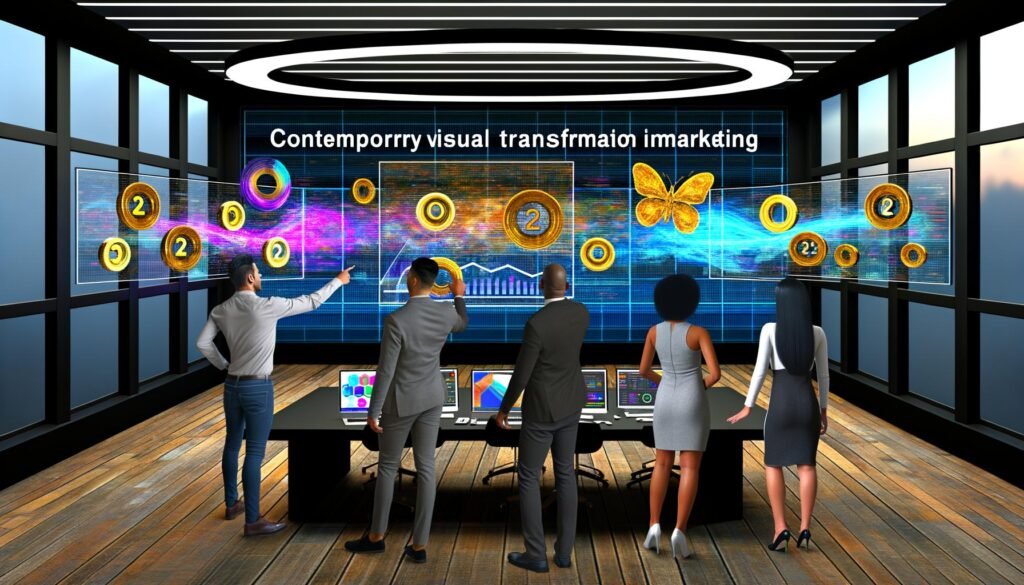 Futuristisches Büro mit vielen Monitoren, die bunte Datenströme und Dashboards zeigen, ein Team deutet auf ein zentrales virtuelles Interface, das verschiedene Marketingdatenquellen verbindet.