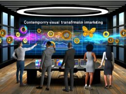 Futuristisches Büro mit vielen Monitoren, die bunte Datenströme und Dashboards zeigen, ein Team deutet auf ein zentrales virtuelles Interface, das verschiedene Marketingdatenquellen verbindet.