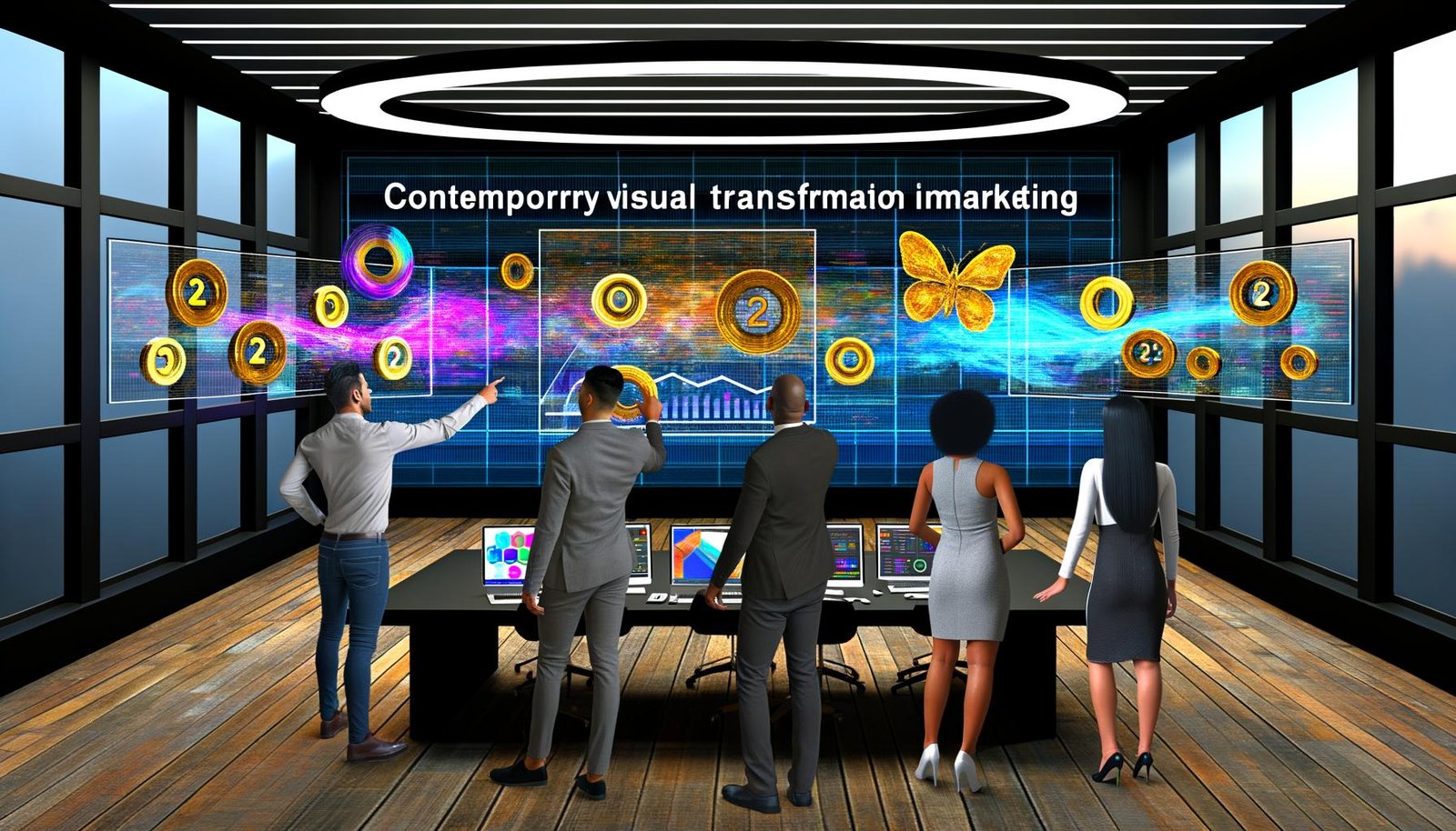 Futuristisches Büro mit vielen Monitoren, die bunte Datenströme und Dashboards zeigen, ein Team deutet auf ein zentrales virtuelles Interface, das verschiedene Marketingdatenquellen verbindet.