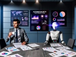 Moderner Konferenztisch mit entschlossenem Marketingberater und überfordert wirkendem humanoiden Roboter im Gespräch, flankiert von Daten-Dashboards und Notizen, mit Poster zum Thema Automatisierung im Hintergrund.