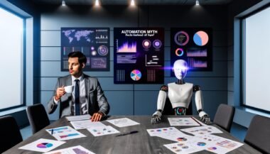 Moderner Konferenztisch mit entschlossenem Marketingberater und überfordert wirkendem humanoiden Roboter im Gespräch, flankiert von Daten-Dashboards und Notizen, mit Poster zum Thema Automatisierung im Hintergrund.