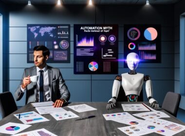 Moderner Konferenztisch mit entschlossenem Marketingberater und überfordert wirkendem humanoiden Roboter im Gespräch, flankiert von Daten-Dashboards und Notizen, mit Poster zum Thema Automatisierung im Hintergrund.