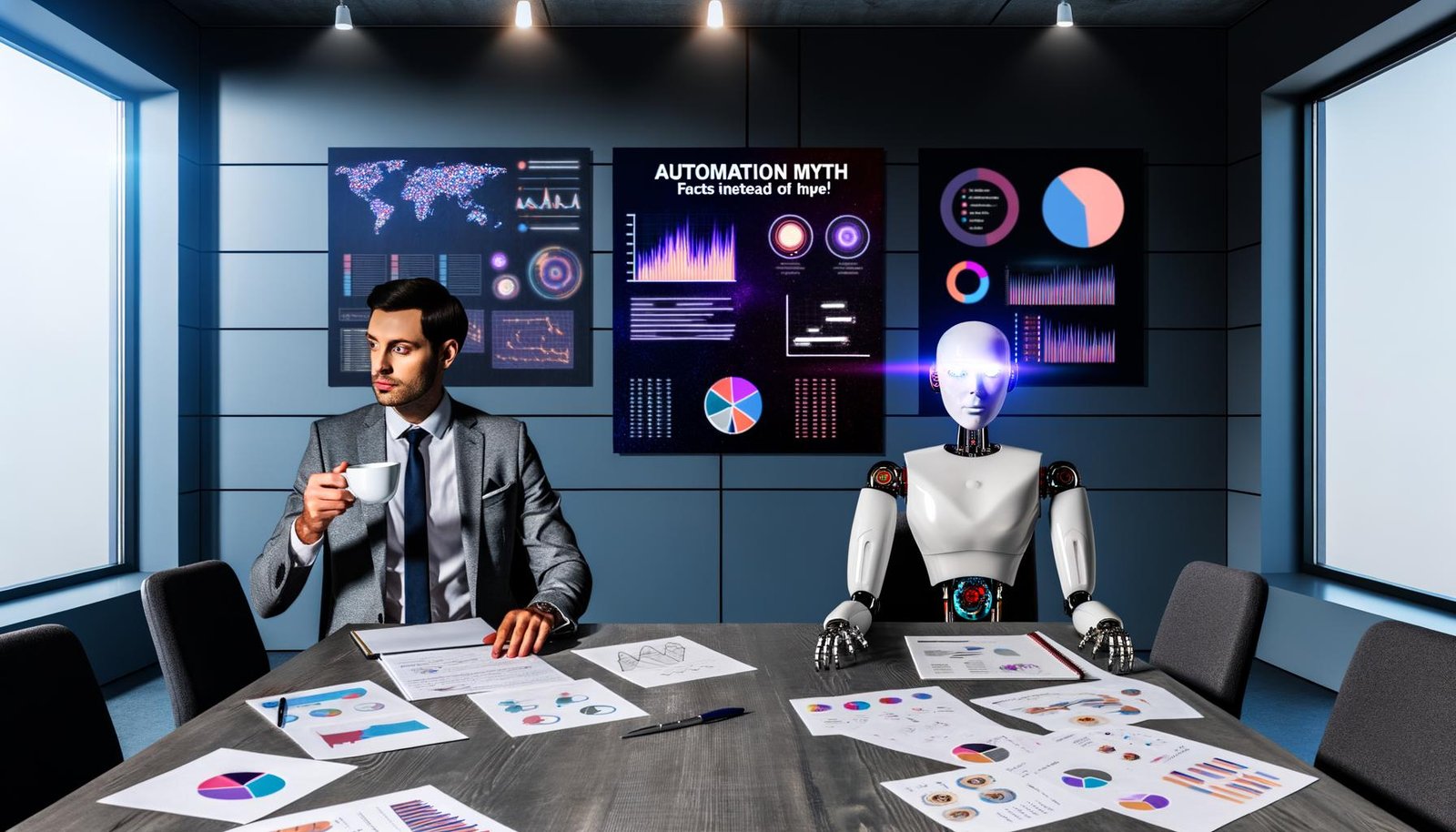 Moderner Konferenztisch mit entschlossenem Marketingberater und überfordert wirkendem humanoiden Roboter im Gespräch, flankiert von Daten-Dashboards und Notizen, mit Poster zum Thema Automatisierung im Hintergrund.