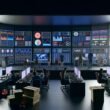 Team von Marketingexperten überwacht digitale Dashboards und Echtzeitdaten in einem zeitgenössischen Kontrollraum mit Glaswänden und digitalen Displays.