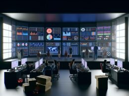 Team von Marketingexperten überwacht digitale Dashboards und Echtzeitdaten in einem zeitgenössischen Kontrollraum mit Glaswänden und digitalen Displays.