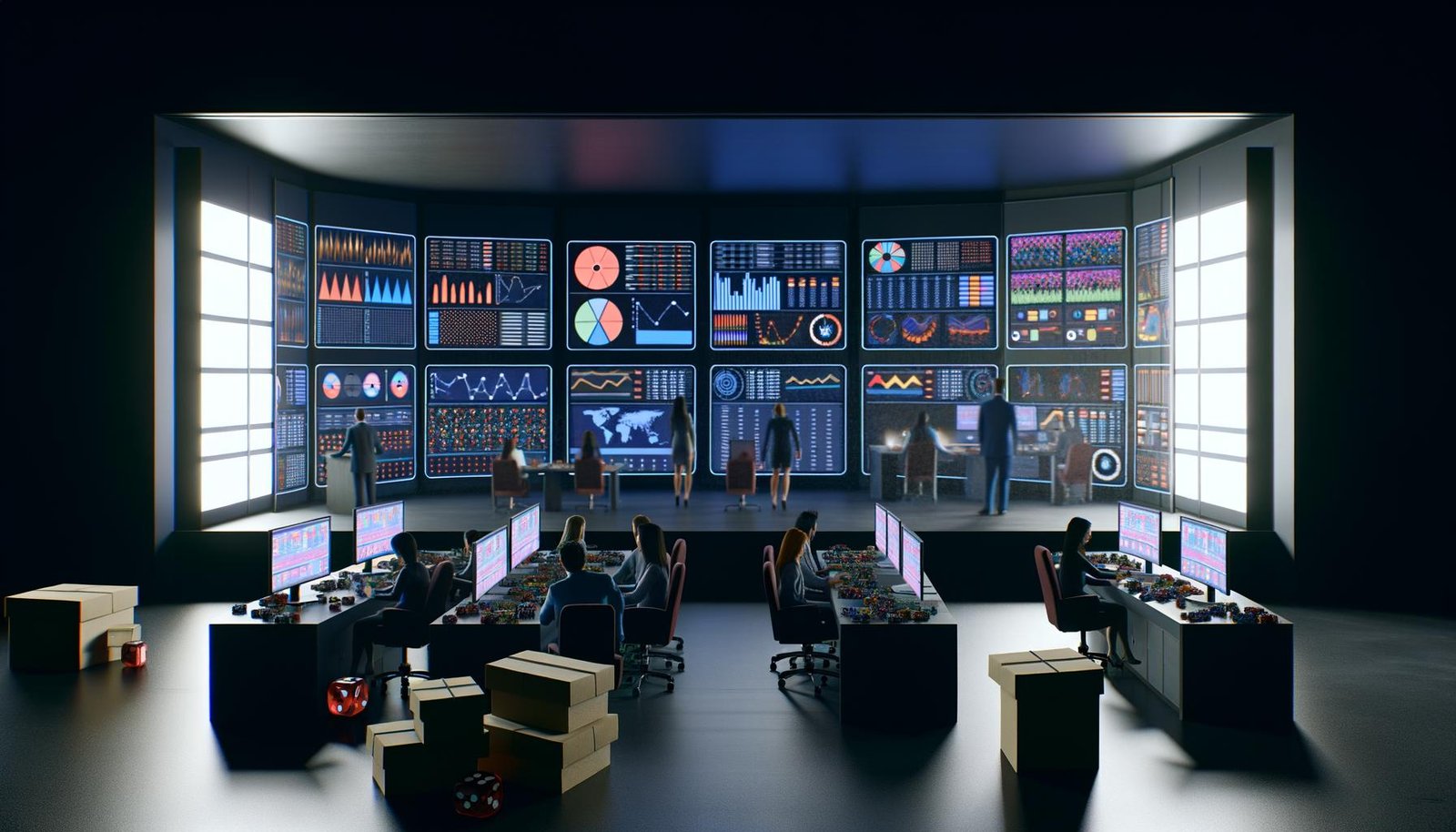 Team von Marketingexperten überwacht digitale Dashboards und Echtzeitdaten in einem zeitgenössischen Kontrollraum mit Glaswänden und digitalen Displays.