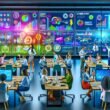 Junges, diverses Marketingteam arbeitet in einem modernen Büro vor großen Bildschirmen mit bunten Dashboards, Diagrammen und Echtzeit-Daten.