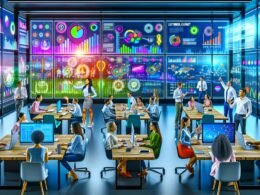 Junges, diverses Marketingteam arbeitet in einem modernen Büro vor großen Bildschirmen mit bunten Dashboards, Diagrammen und Echtzeit-Daten.