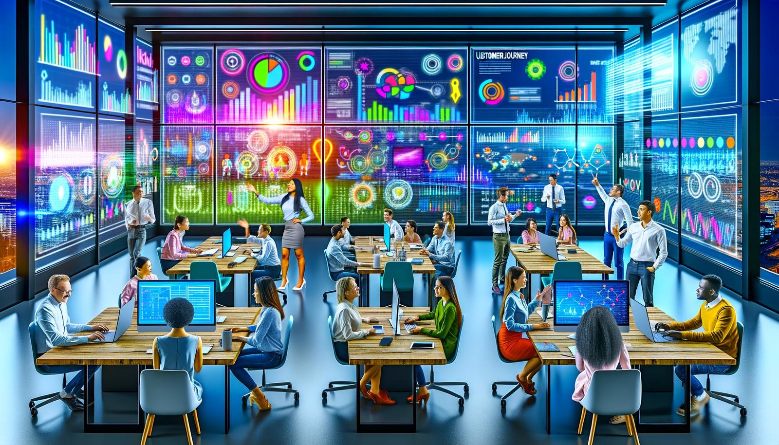 Junges, diverses Marketingteam arbeitet in einem modernen Büro vor großen Bildschirmen mit bunten Dashboards, Diagrammen und Echtzeit-Daten.