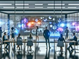 Modernes Marketing-Büro mit diversen Experten vor großen Dashboards, digitalen Screens, KI-Technologien und Whiteboards voller Notizen.