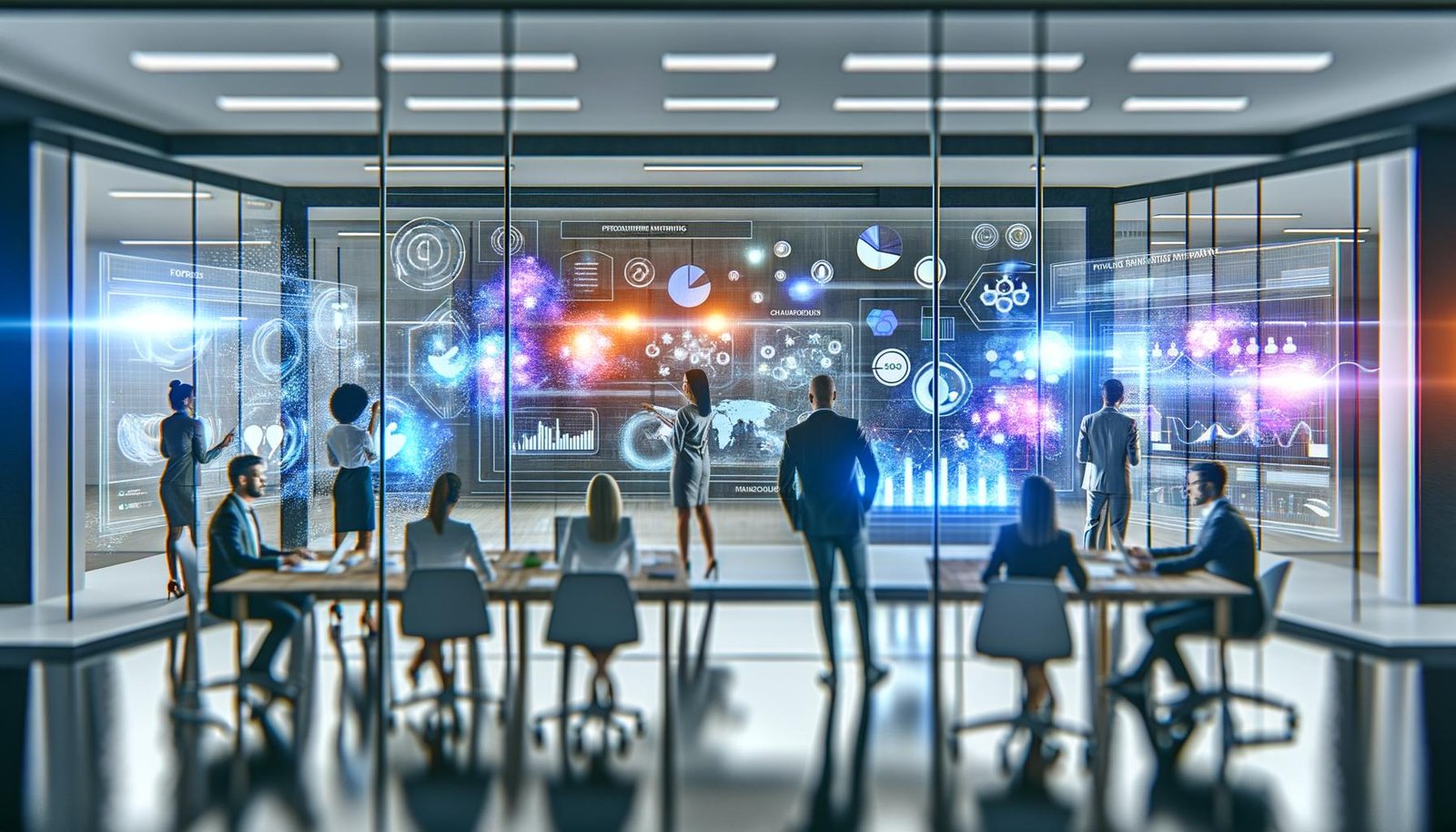 Modernes Marketing-Büro mit diversen Experten vor großen Dashboards, digitalen Screens, KI-Technologien und Whiteboards voller Notizen.