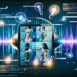 Modernes Audio-Studio mit Clubhouse-App auf Tablet, diversen Podcast-Hosts, futuristischen Wellenformen, API-Linien und Echtzeit-Werbe-Icons, mit Analytics und AdServer-Knoten im Hintergrund.