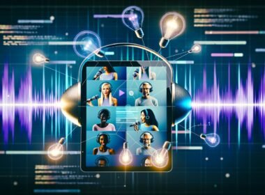 Modernes Audio-Studio mit Clubhouse-App auf Tablet, diversen Podcast-Hosts, futuristischen Wellenformen, API-Linien und Echtzeit-Werbe-Icons, mit Analytics und AdServer-Knoten im Hintergrund.