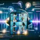 Modernes Audio-Studio mit Clubhouse-App auf Tablet, diversen Podcast-Hosts, futuristischen Wellenformen, API-Linien und Echtzeit-Werbe-Icons, mit Analytics und AdServer-Knoten im Hintergrund.