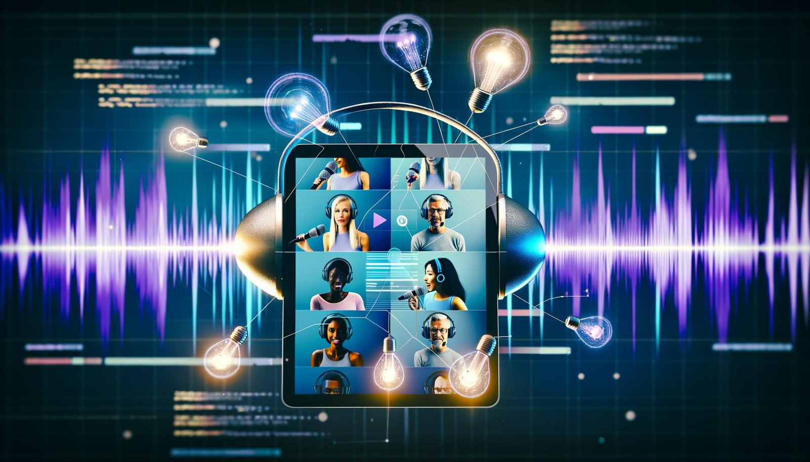 Modernes Audio-Studio mit Clubhouse-App auf Tablet, diversen Podcast-Hosts, futuristischen Wellenformen, API-Linien und Echtzeit-Werbe-Icons, mit Analytics und AdServer-Knoten im Hintergrund.