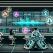Futuristischer Arbeitsplatz mit Marketer, mehreren Bildschirmen, Clubhouse- und NFT-Oberflächen, holografischen Bedienelementen und digitalem Stadtblick.