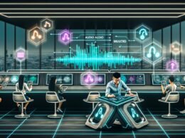 Futuristischer Arbeitsplatz mit Marketer, mehreren Bildschirmen, Clubhouse- und NFT-Oberflächen, holografischen Bedienelementen und digitalem Stadtblick.