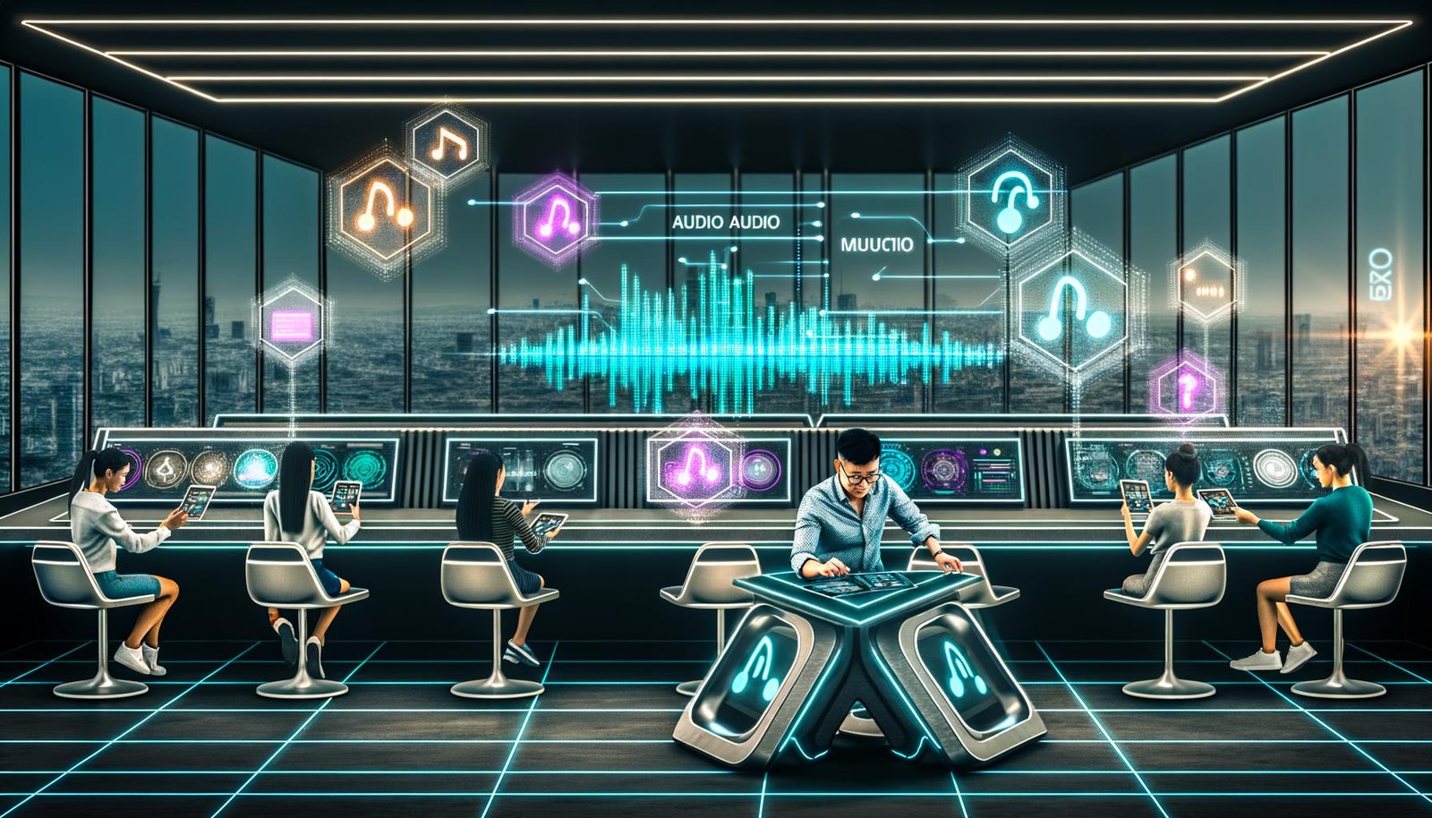 Futuristischer Arbeitsplatz mit Marketer, mehreren Bildschirmen, Clubhouse- und NFT-Oberflächen, holografischen Bedienelementen und digitalem Stadtblick.