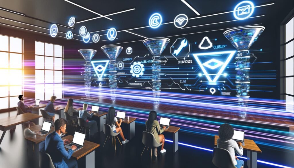 Moderner Clubhouse-Raum mit Marketer-Teams an Laptops, Visualisierung von Funnel-Diagrammen und automatisierten Datenströmen, leuchtende Clubhouse-Logos und Bots, die zwischen Audio-Plattform und CRM-Systemen agieren.