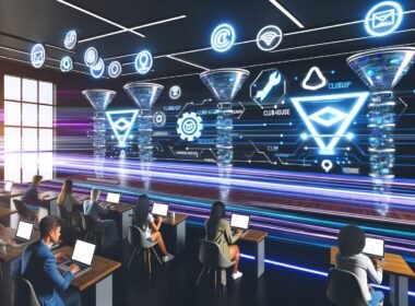 Moderner Clubhouse-Raum mit Marketer-Teams an Laptops, Visualisierung von Funnel-Diagrammen und automatisierten Datenströmen, leuchtende Clubhouse-Logos und Bots, die zwischen Audio-Plattform und CRM-Systemen agieren.