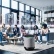 Junge Profis sitzen entspannt im modernen Wohnzimmer und hören einem Clubhouse Smart Speaker mit leuchtenden Audiowellen und Social Icons zu