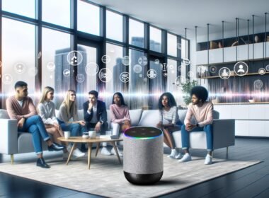 Junge Profis sitzen entspannt im modernen Wohnzimmer und hören einem Clubhouse Smart Speaker mit leuchtenden Audiowellen und Social Icons zu