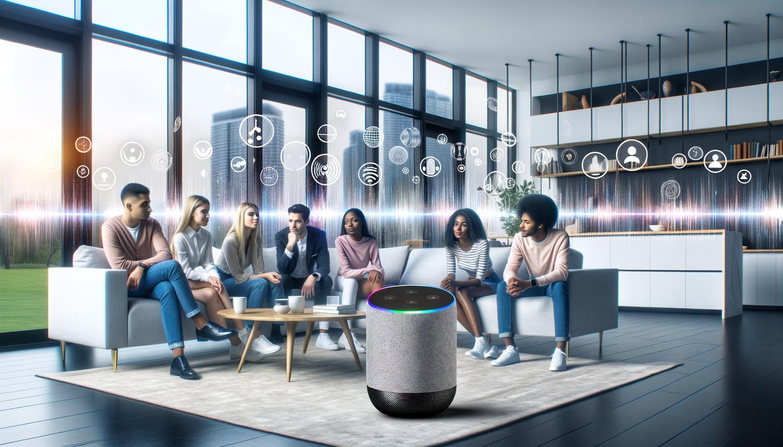 Junge Profis sitzen entspannt im modernen Wohnzimmer und hören einem Clubhouse Smart Speaker mit leuchtenden Audiowellen und Social Icons zu