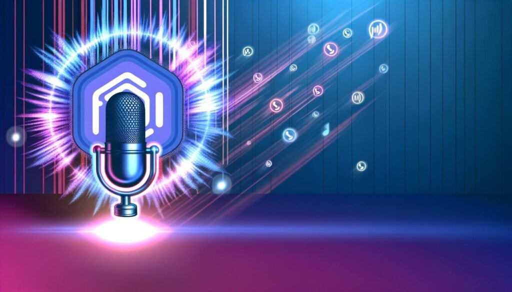 Modernes Titelbild mit leuchtender Wellenform aus dem Clubhouse-Icon, schwebendem Mikrofon und Symbolen für Podcast, Smart Speaker und digitale Plattformen, in einer digitalen Farbpalette.