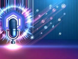 Modernes Titelbild mit leuchtender Wellenform aus dem Clubhouse-Icon, schwebendem Mikrofon und Symbolen für Podcast, Smart Speaker und digitale Plattformen, in einer digitalen Farbpalette.