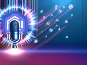 Modernes Titelbild mit leuchtender Wellenform aus dem Clubhouse-Icon, schwebendem Mikrofon und Symbolen für Podcast, Smart Speaker und digitale Plattformen, in einer digitalen Farbpalette.