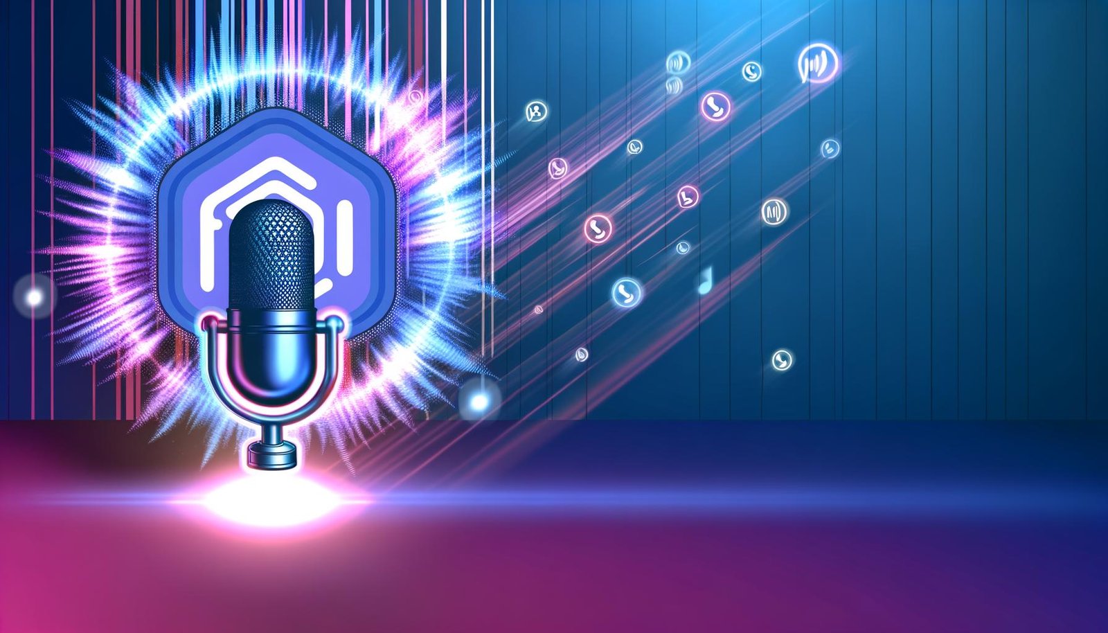 Modernes Titelbild mit leuchtender Wellenform aus dem Clubhouse-Icon, schwebendem Mikrofon und Symbolen für Podcast, Smart Speaker und digitale Plattformen, in einer digitalen Farbpalette.