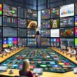 Dynamische Szene in einem Social-Media-War-Room mit jungen, diversen Content-Profis an großen Bildschirmen, die Social-Media-Statistiken, Posts und Tools wie Hootsuite und Buffer zeigen.