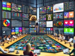 Dynamische Szene in einem Social-Media-War-Room mit jungen, diversen Content-Profis an großen Bildschirmen, die Social-Media-Statistiken, Posts und Tools wie Hootsuite und Buffer zeigen.