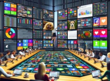 Dynamische Szene in einem Social-Media-War-Room mit jungen, diversen Content-Profis an großen Bildschirmen, die Social-Media-Statistiken, Posts und Tools wie Hootsuite und Buffer zeigen.