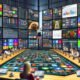 Dynamische Szene in einem Social-Media-War-Room mit jungen, diversen Content-Profis an großen Bildschirmen, die Social-Media-Statistiken, Posts und Tools wie Hootsuite und Buffer zeigen.