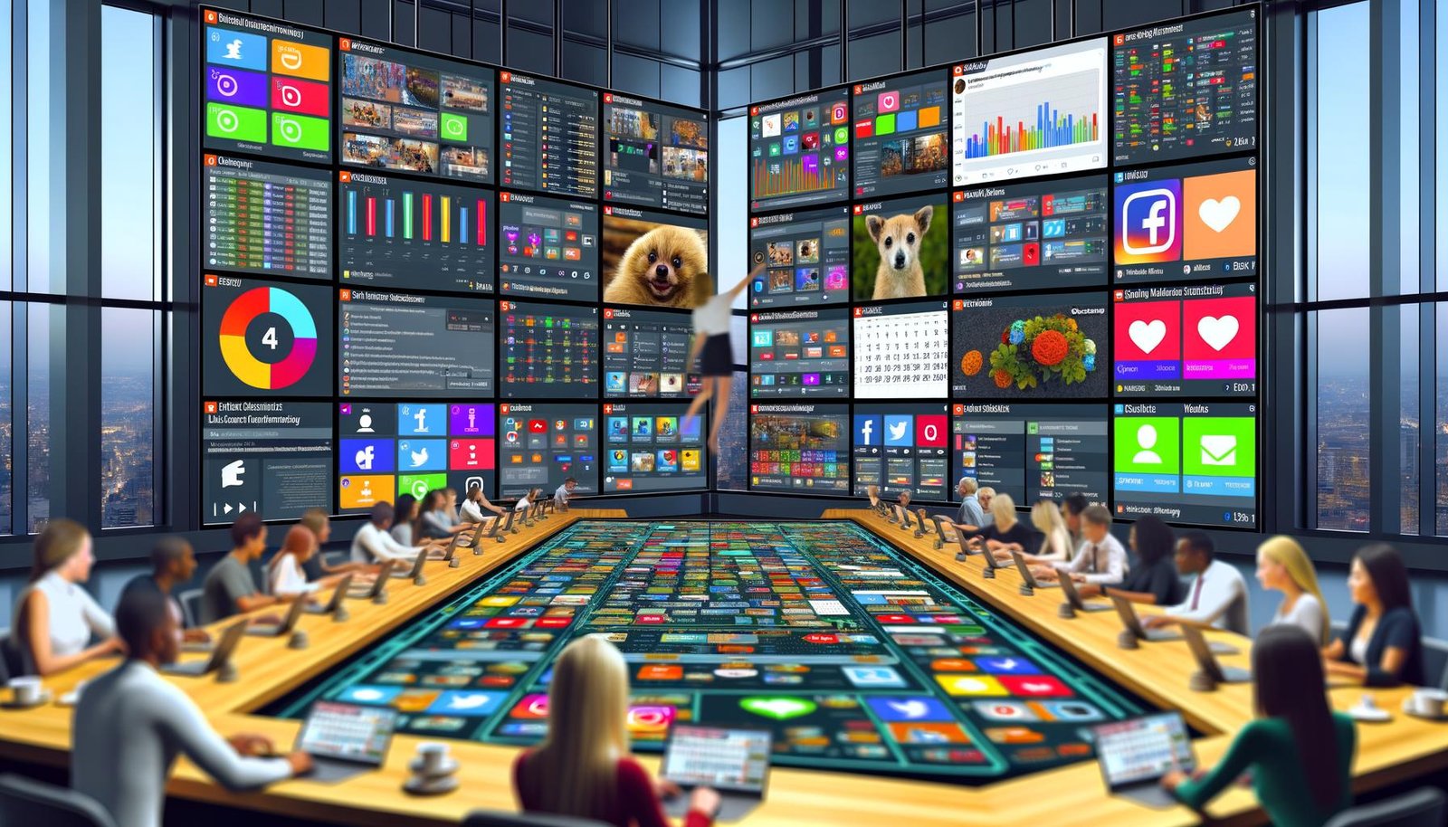Dynamische Szene in einem Social-Media-War-Room mit jungen, diversen Content-Profis an großen Bildschirmen, die Social-Media-Statistiken, Posts und Tools wie Hootsuite und Buffer zeigen.