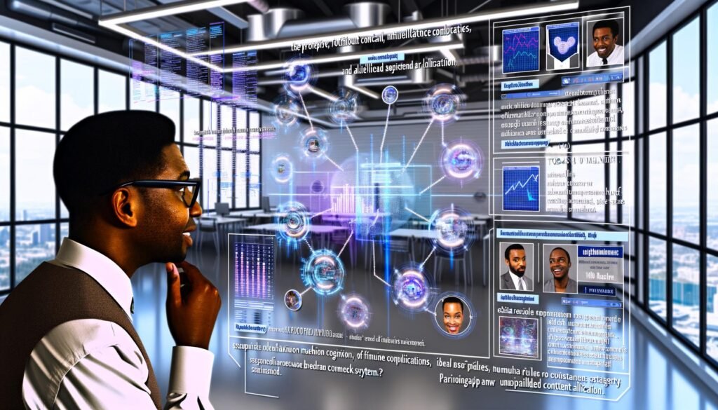 Futuristischer Arbeitsplatz mit digitalen Bildschirmen, Datenanalysen und KI-gestütztem Content-Matching in einer modernen Marketingumgebung