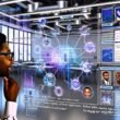 Futuristischer Arbeitsplatz mit digitalen Bildschirmen, Datenanalysen und KI-gestütztem Content-Matching in einer modernen Marketingumgebung