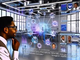 Futuristischer Arbeitsplatz mit digitalen Bildschirmen, Datenanalysen und KI-gestütztem Content-Matching in einer modernen Marketingumgebung