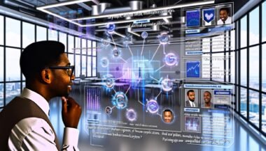 Futuristischer Arbeitsplatz mit digitalen Bildschirmen, Datenanalysen und KI-gestütztem Content-Matching in einer modernen Marketingumgebung